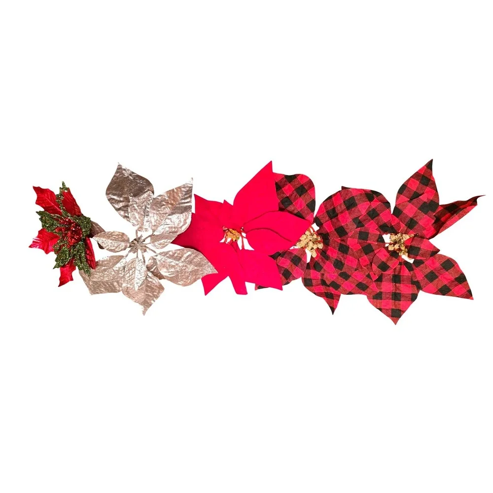 NWOT Christmas Poinsettia Flowers Artificial Clip‎ On Red Buffalo Plaid